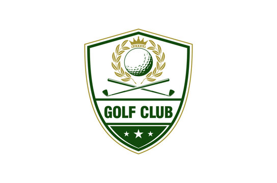 Golf club logo with a shield, golf ball, and crossed clubs.