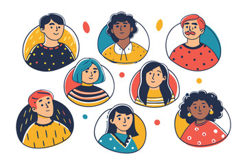 Diverse Portraits in Circles: A vibrant display of individual headshots of diverse individuals framed within playful circular designs. A celebration of unity, and unique personalities.