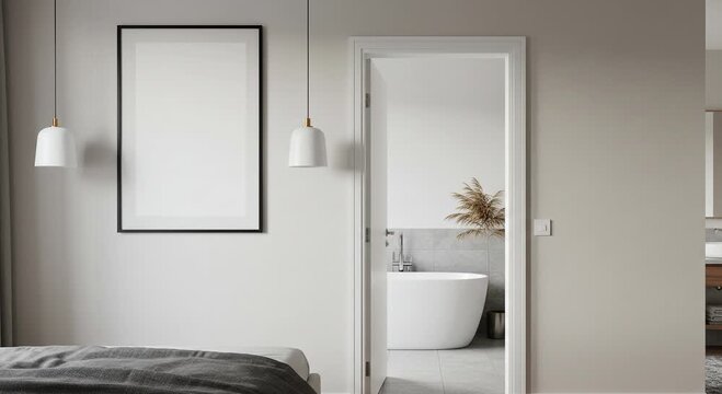 Modern bedroom view to bathroom in minimalist style render