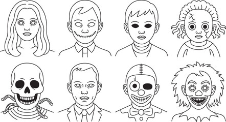 Creepy Doll Halloween Icon Set with Skull Clown Boy Girl and Horror Character Faces