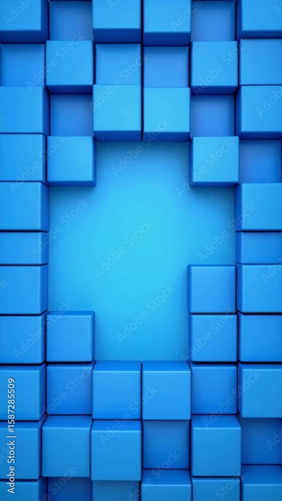 Poster abstract background of blue cubes creating a square frame with a blank blue space in the center for 
