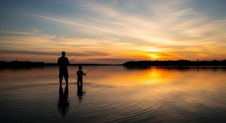 Fototapeta premium Father and son fishing silhouetted against a dramatic sunset sky over calm waters