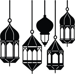 Mosque with hanging lanterns silhouette isolated on white background