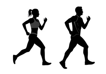 Silhouette of a man and woman running side by side isolated on white background