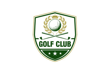 Golf club logo with a shield, golf ball, and crossed clubs.