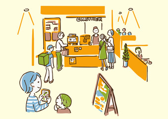 ファミレスのレジ　フードコート　レストラン　親子　配達員　ランチディナー