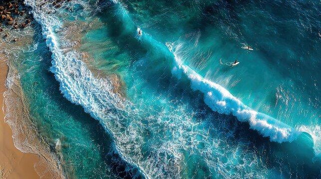 Aerial View of Surfers Riding Waves, Showing Vitality of Seaside Sports
