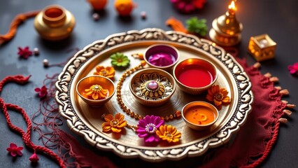 Auspicious ritual adorned elements, sacred offering, traditional ceremony, festive presentation, spiritual blessings, brother sister, joyous celebration.