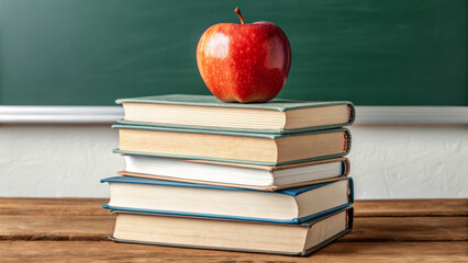 Back to school educator shopping. Stack book apple classroom education wooden desk green chalkboard,kids uniform and backpack,student returning school,new year education ,children in classroom