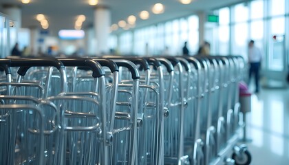 Fototapeta premium Row of Empty Luggage Carts at an Airport