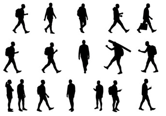 Collection of human silhouettes walking and standing isolated on white background