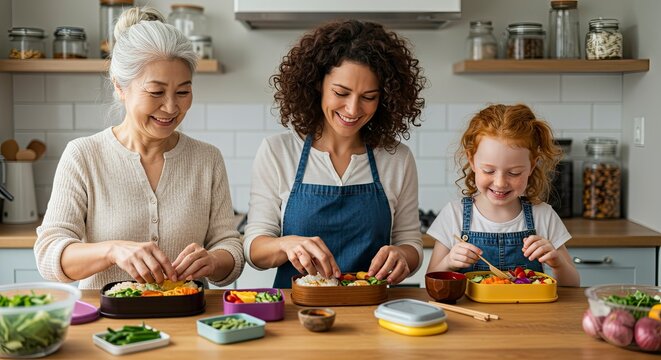 Three Generations Preparing Bento Boxes in Bright Kitchen, Smiling Together.