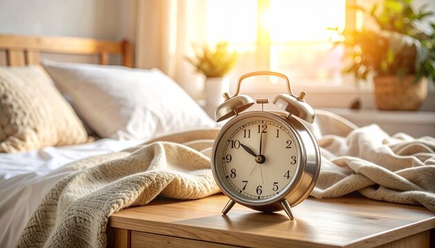 Alarm clock on a bedside table in a bright, sunlit bedroom with a bed and a plant visible.