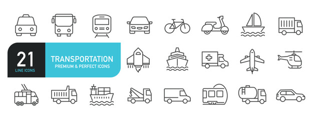 Set of line icons related to transportation, vehicle, car. Outline icons collection. Editable stroke. Vector illustration