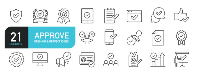 Set of line icons related to approve, validation, accept, checkmark. Outline icons collection. Editable stroke. Vector illustration