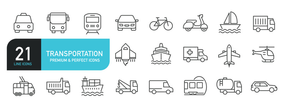 Set of line icons related to transportation, vehicle, car. Outline icons collection. Editable stroke. Vector illustration