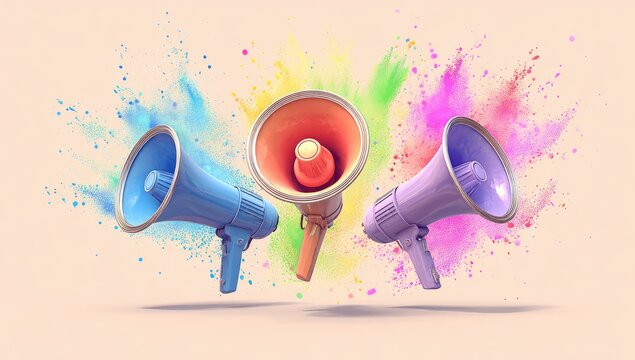Three colorful megaphones surrounded by vibrant powder explosions on a pastel background