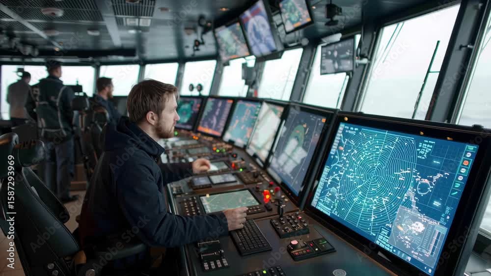 Poster professionals operate cutting edge navigation systems in a ship's control room. multiple screens dis