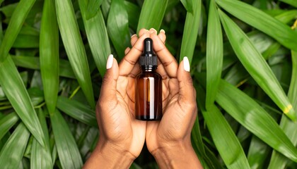 Hands holding a small amber bottle