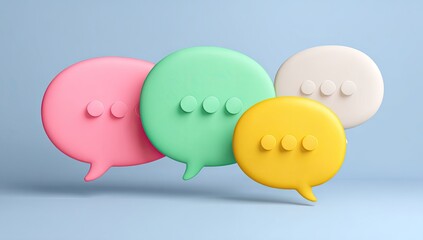 Four colorful speech bubbles, light pastel colors, on a light blue background, 3D rendered