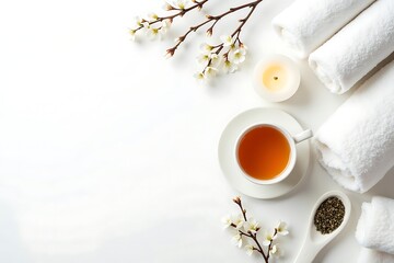 Spa relaxation concept with tea towels candle and flowers for wellness and self care flat lay style 