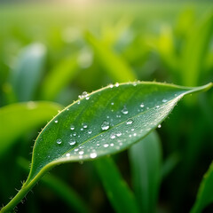 Fresh Green Tea Leaf with Dewdrops Macro,