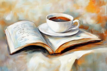A still life painting of a book and coffee cup.