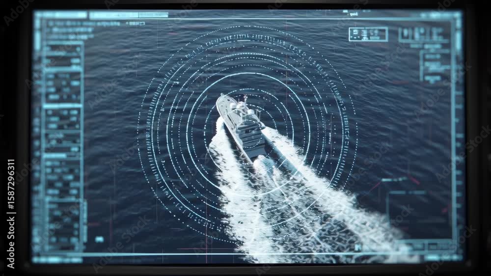 Poster futuristic graphical user interface showing a warship navigating on the ocean with data visualizatio