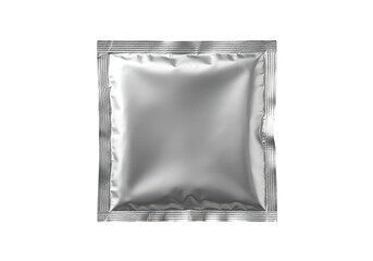 Blank silver foil sachet packet with sealed edges isolated on white background