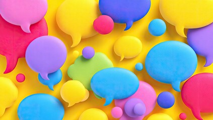 Colorful speech bubbles, various sizes and hues, scattered on a bright yellow background.  A playful, vibrant visual representation of communication and ideas