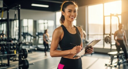 A woman in a gym, holding a clipboard and smiling.