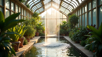 Sunlit Waterfall inside Greenhouse Garden
