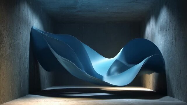 In an abstract space elastic blue fabric undulates rhythmically creating shapes that mimic the dance of waves. The interplay of light on the metallic surface enhances the ethereal quality