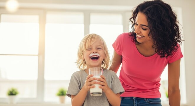 A young boy and a woman in a kitchen, both smiling and laughing, with a glass of milk in front of them. - Powered by Adobe