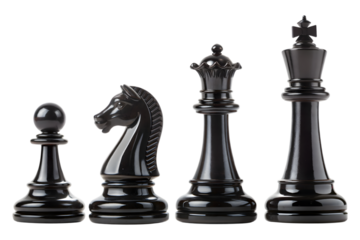 Four black chess pieces including a pawn knight queen and king arranged in a row isolated on transparent background