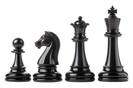 Four black chess pieces including a pawn knight queen and king arranged in a row isolated on transparent background