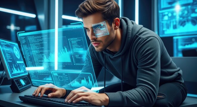 A man in a dark hoodie, working on a computer with holographic screens in a futuristic office environment.