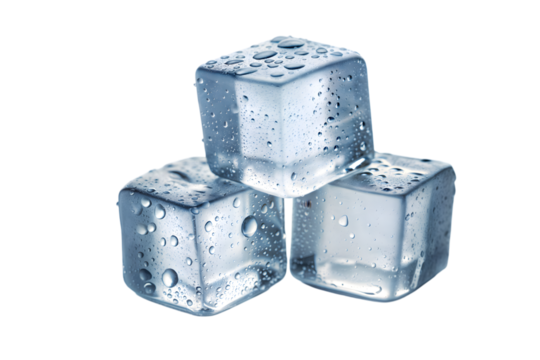 Three clear ice cubes covered in condensation droplets stacked together isolated on transparent background