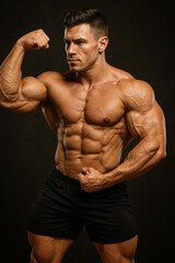 Obraz premium Muscular, shirtless young man, a fit athlete and bodybuilder with strong biceps, abs, and chest, poses in a studio