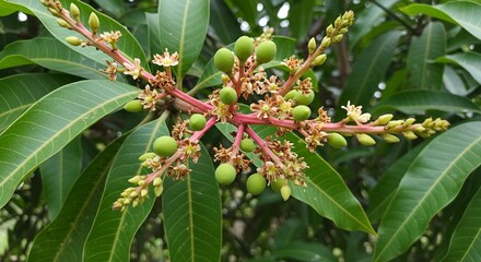 Photo of close up of mango tree blossoms and young fruit