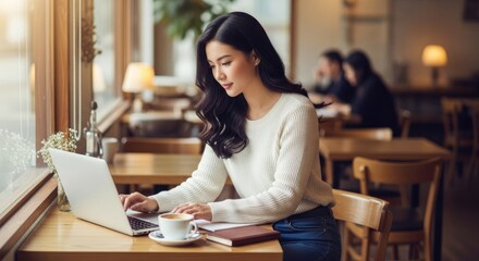 A young woman working on a laptop in a cozy cafe.