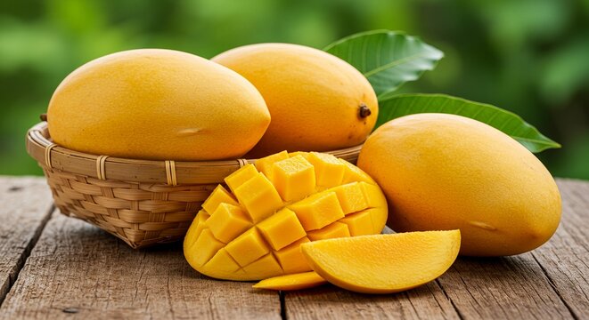 Photo of a group of fresh mangoes with leaves on a wooden surface