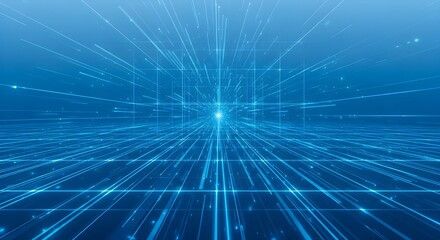 A dynamic and modern digital background featuring bright blue lines and glowing points that converge into a single light source