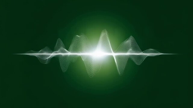 A minimalist representation of a digital frequency equalizer rendered in white lines on an eyecatching green background. The visualization depicts sequential equalizer bands that pulse