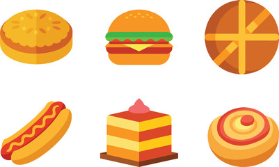 Burger Hotdog Donut and Layer Cake Icon Set on White Background