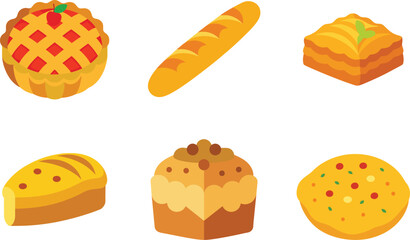 Flat Style Bakery Bread and Pastry Icons on White Background