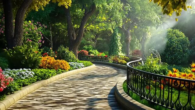 Serene garden pathway lined with vibrant flowers, sunlight filtering through trees, inviting stroll