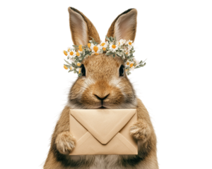 Rabbit with floral crown holding envelope