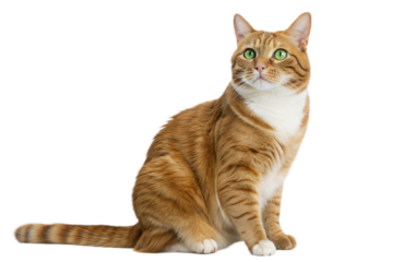 A beautiful orange tabby cat with striking green eyes sitting attentively on a transparent background isolated on transparent background