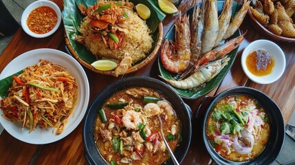 Delicious spread of Thai cuisine featuring seafood dishes on a wooden table